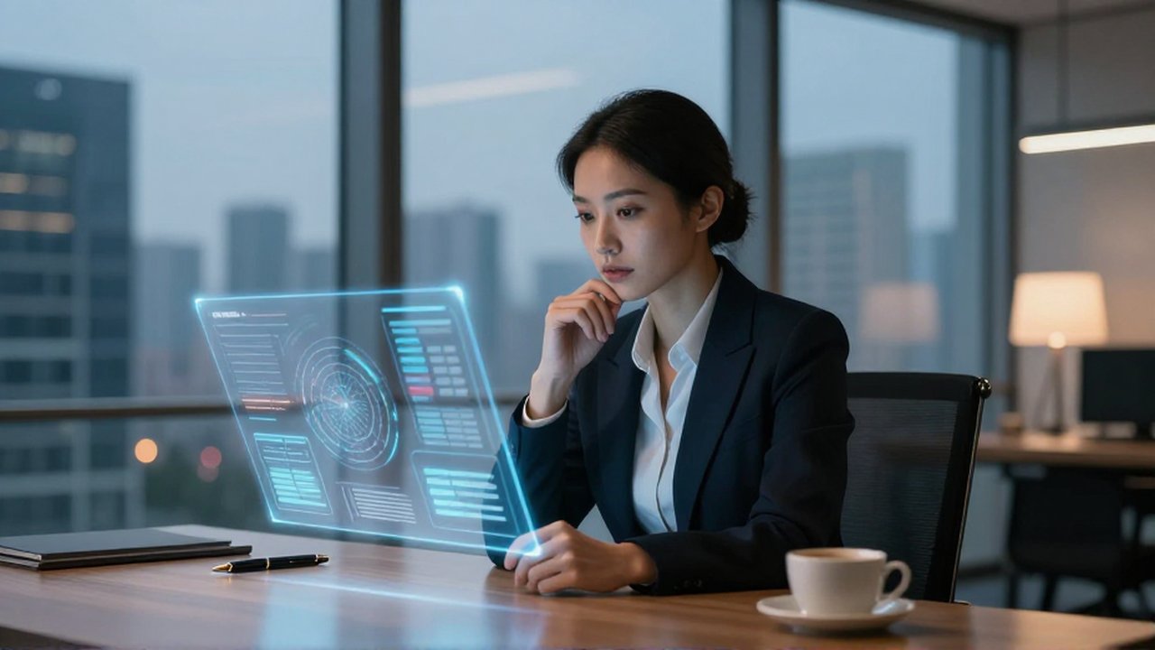 Ejecutiva en una oficina moderna analizando una visualización de datos holográfica sobre su escritorio.