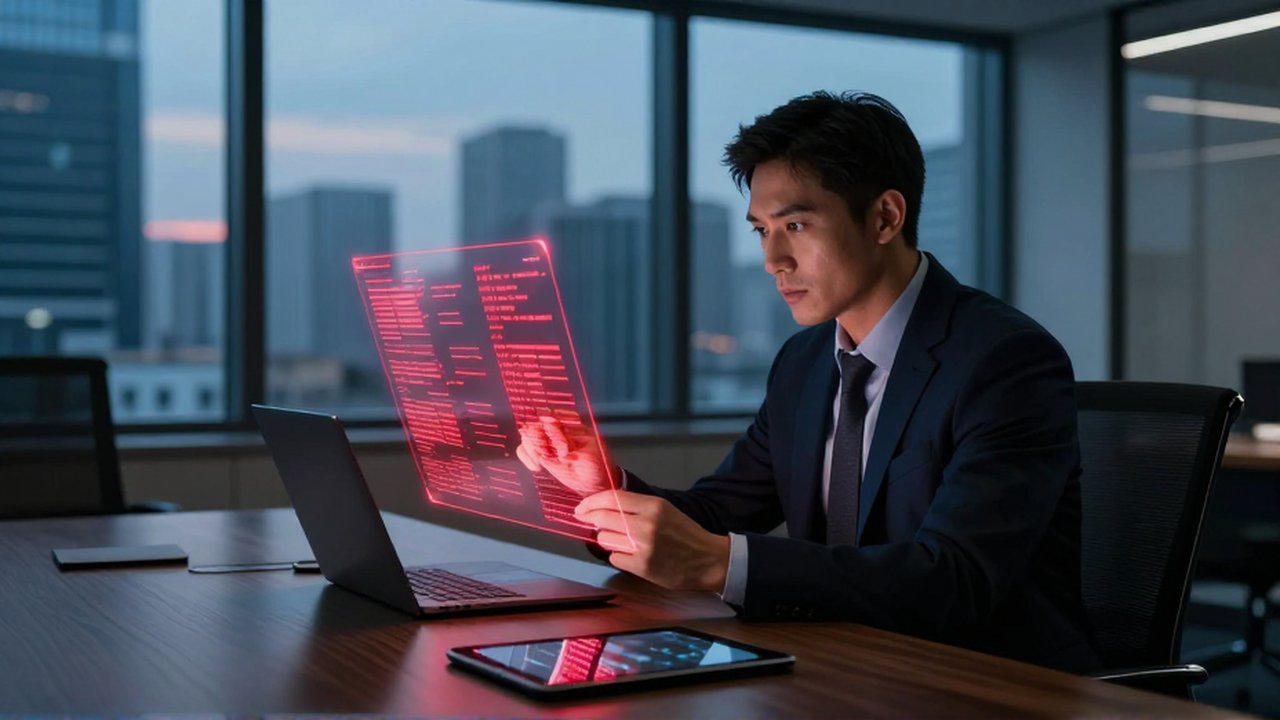 Consultor de seguridad informática analiza con preocupación un flujo de datos holográficos con alertas rojas en una oficina corporativa.