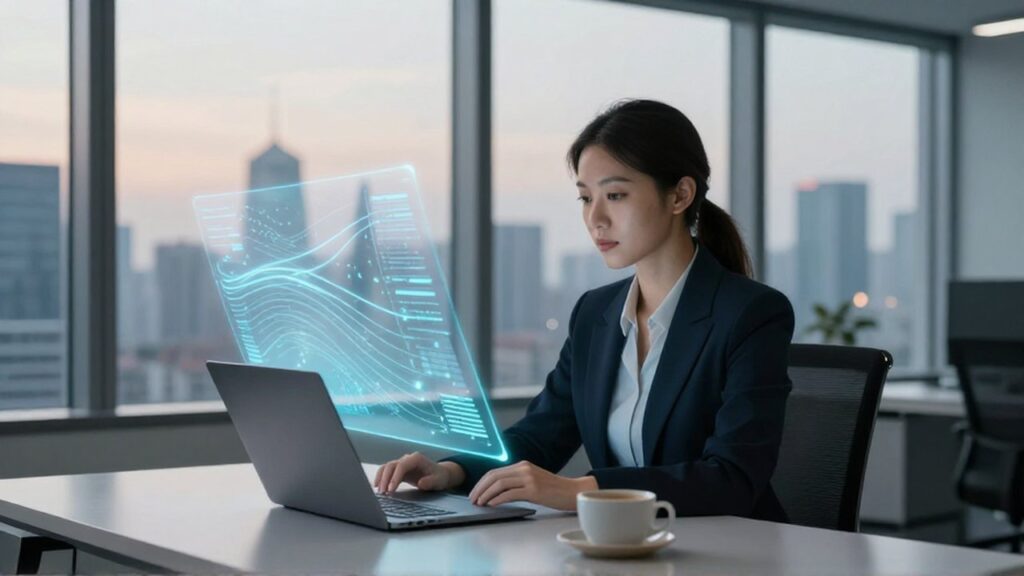 Analista de datos observa un flujo holográfico de información en una oficina moderna al atardecer.