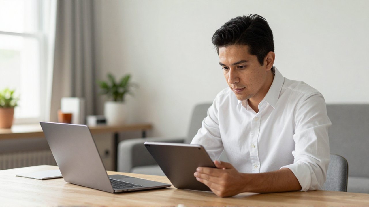 Un emprendedor latinoamericano revisa una tableta digital sentado en un escritorio de madera en su oficina.