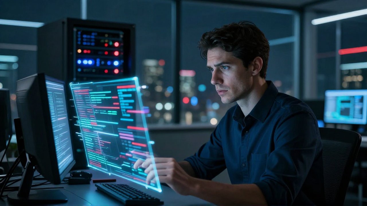 Especialista en seguridad informática observa con preocupación un flujo de datos holográficos con fallos en un centro de operaciones.