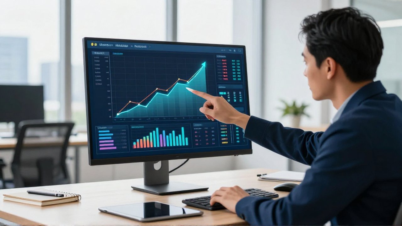 Analista de datos señalando con un lápiz óptico gráficos de crecimiento en un monitor profesional.