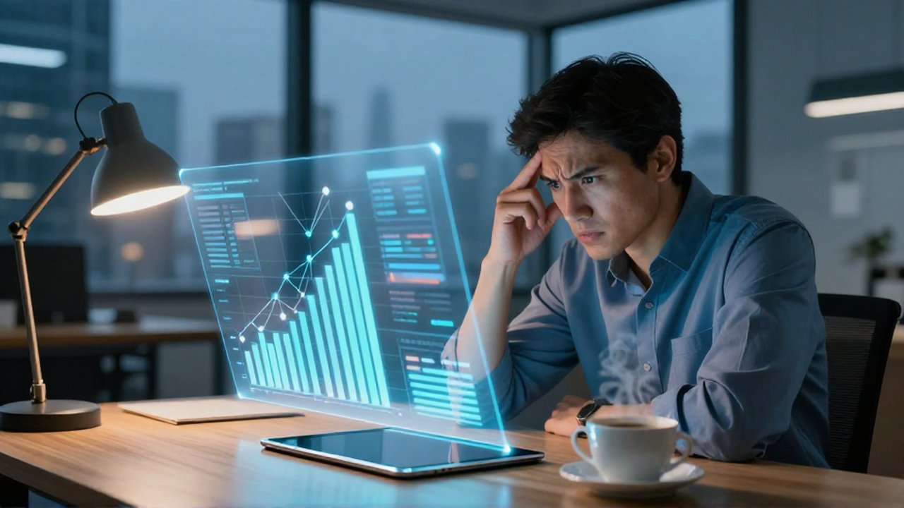 Analista frustrado observa gráficos holográficos desalineados en una oficina moderna al atardecer.