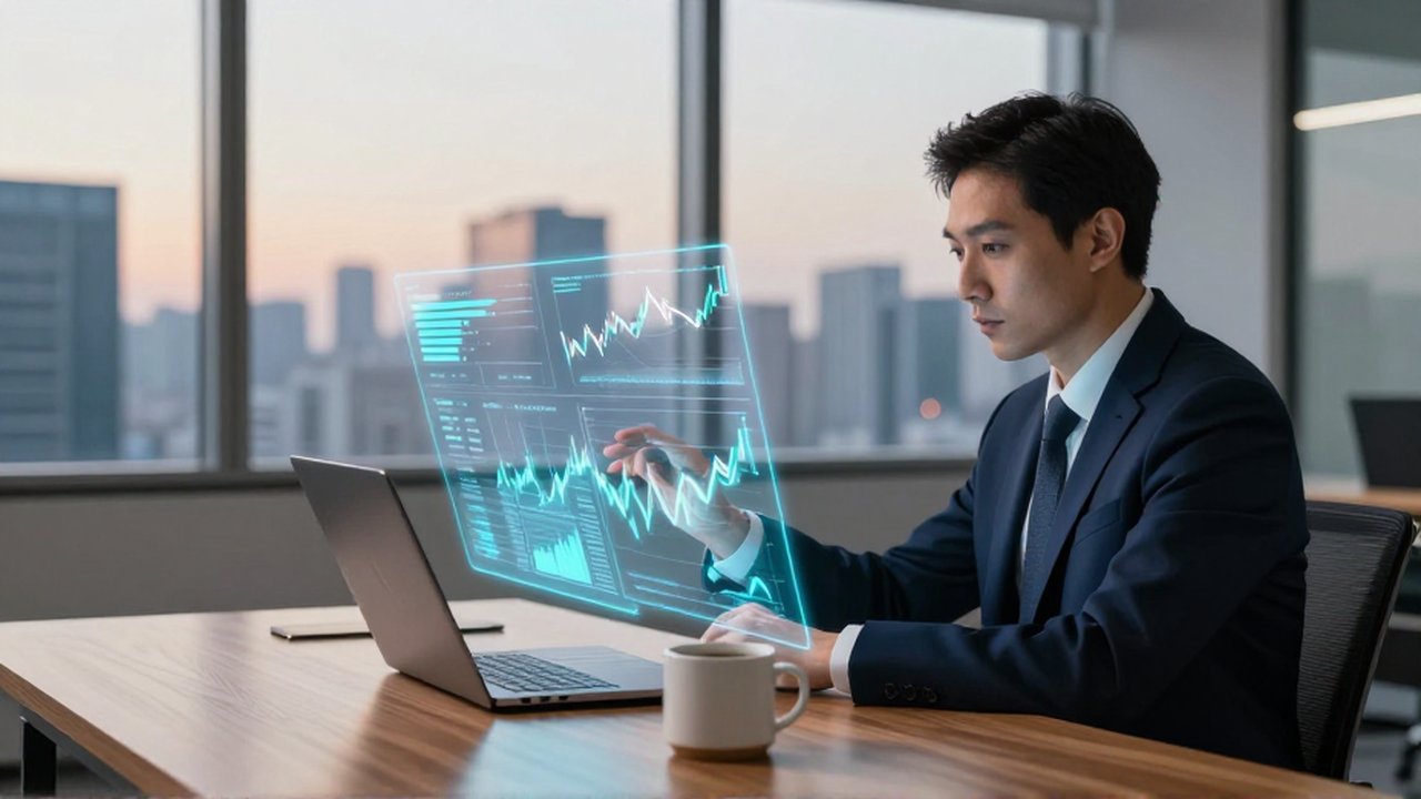 Analista financiero observa gráficos holográficos de proyecciones de flujo de caja en una oficina moderna.