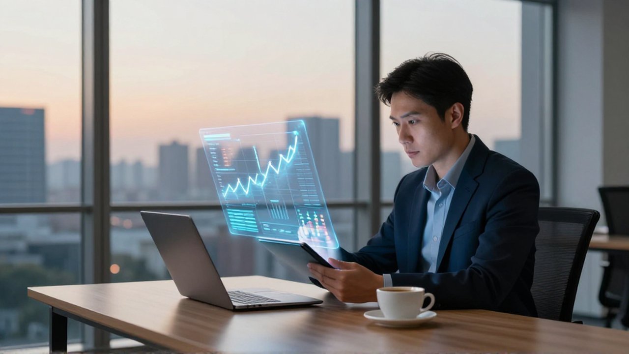 Analista financiero estudia gráficos holográficos sobre una tableta en una oficina moderna con vistas a la ciudad.