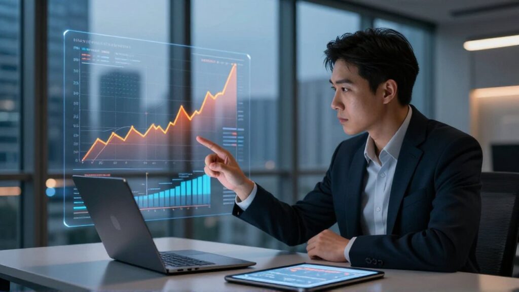 Analista financiero examinando gráficos de crecimiento proyectados en una superficie de cristal en una oficina moderna.