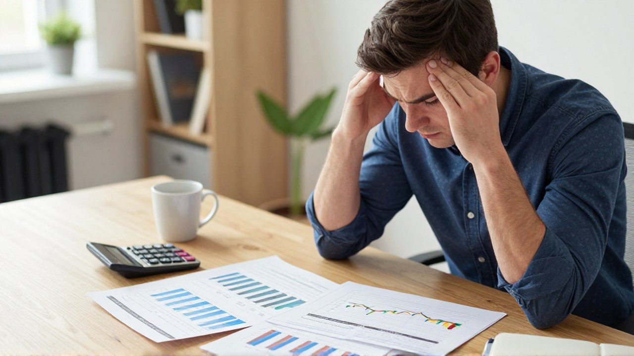 Analista de negocios frustrado estudia gráficos de ventas contradictorios en su oficina en casa.