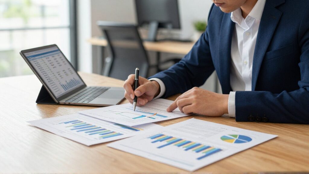 Analista de datos concentrado revisando informes estadísticos y gráficos sobre un escritorio de oficina moderno.