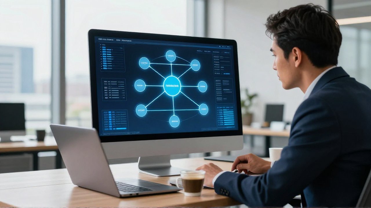 Analista de ventas revisando diagramas de flujos de datos en un monitor de oficina moderna.