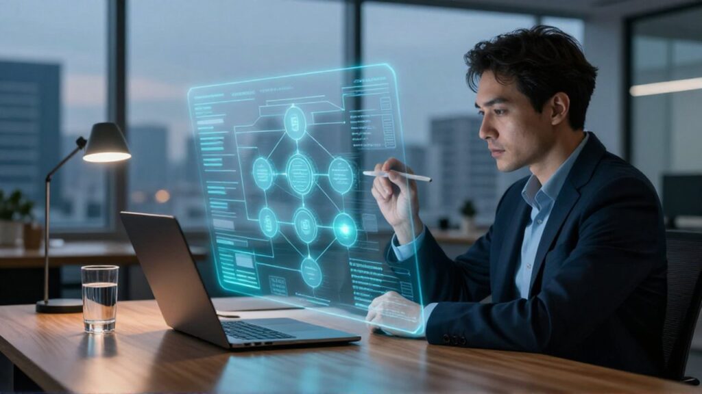 Analista de datos interactúa con un diagrama de flujo holográfico en una oficina tecnológica moderna.