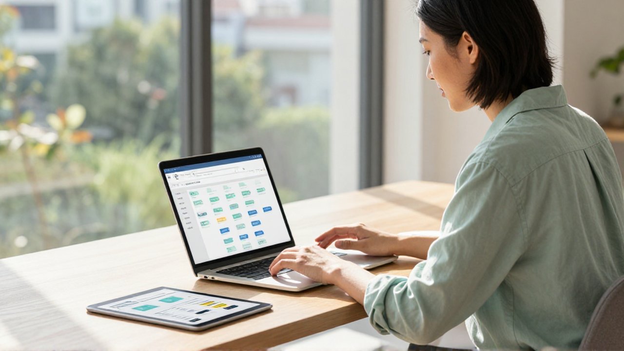 Emprendedor trabajando con calma en una oficina moderna y luminosa frente a un ordenador con dashboards organizados.