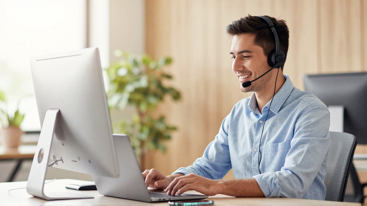 Especialista de atención al cliente sonriente con auriculares trabajando en una oficina luminosa y moderna.