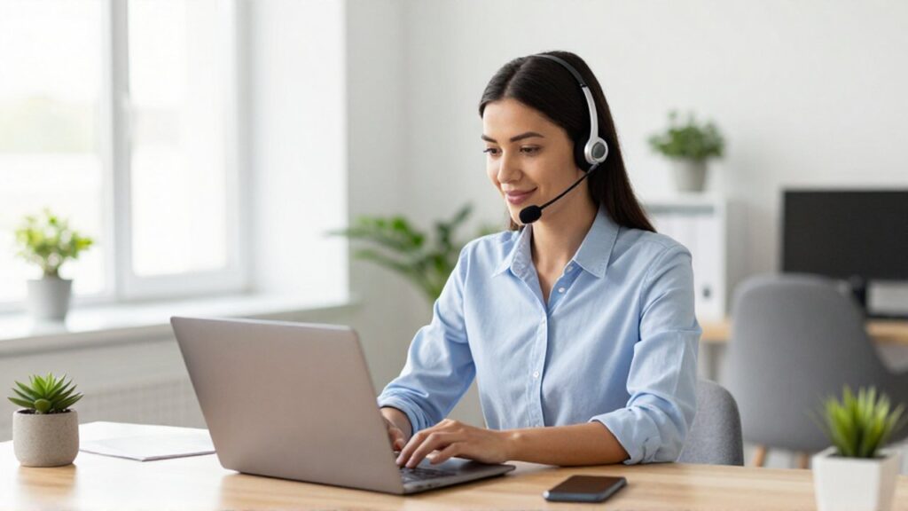 Especialista de atención al cliente sonriente con auriculares trabajando frente a un portátil en una oficina luminosa.