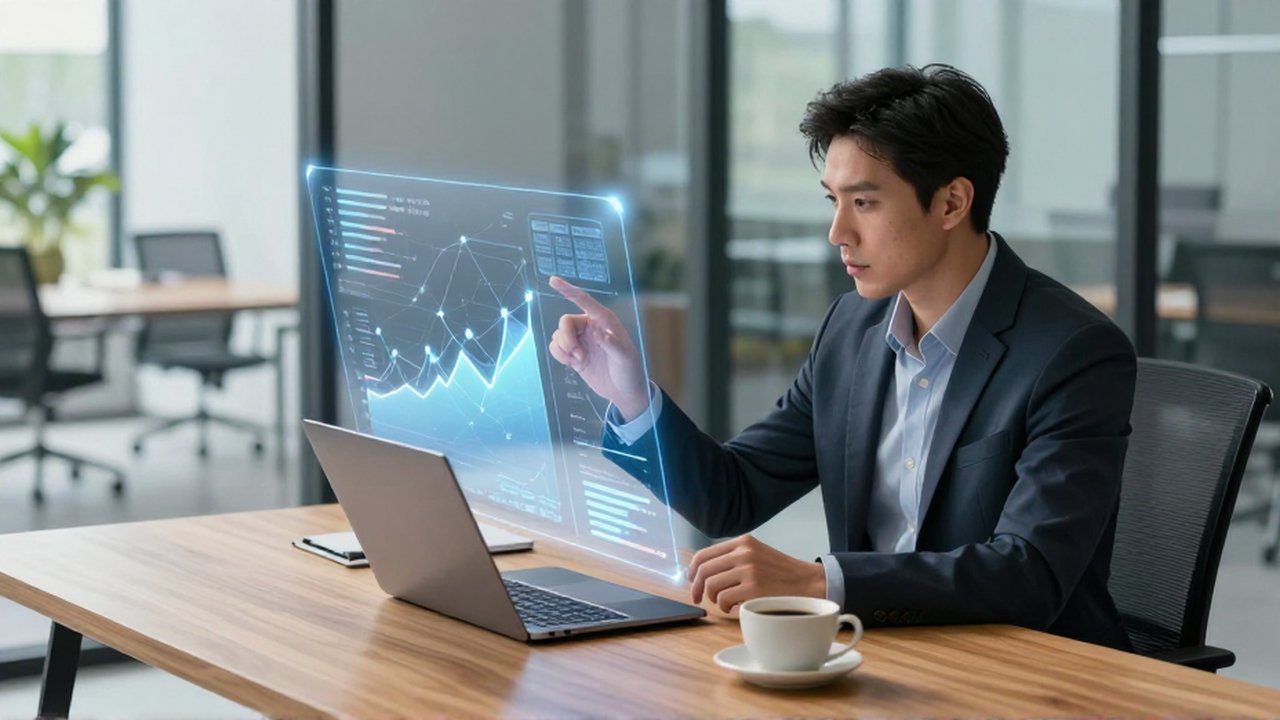 Analista de negocios estudia gráficos y nodos de datos que flotan en una proyección holográfica.