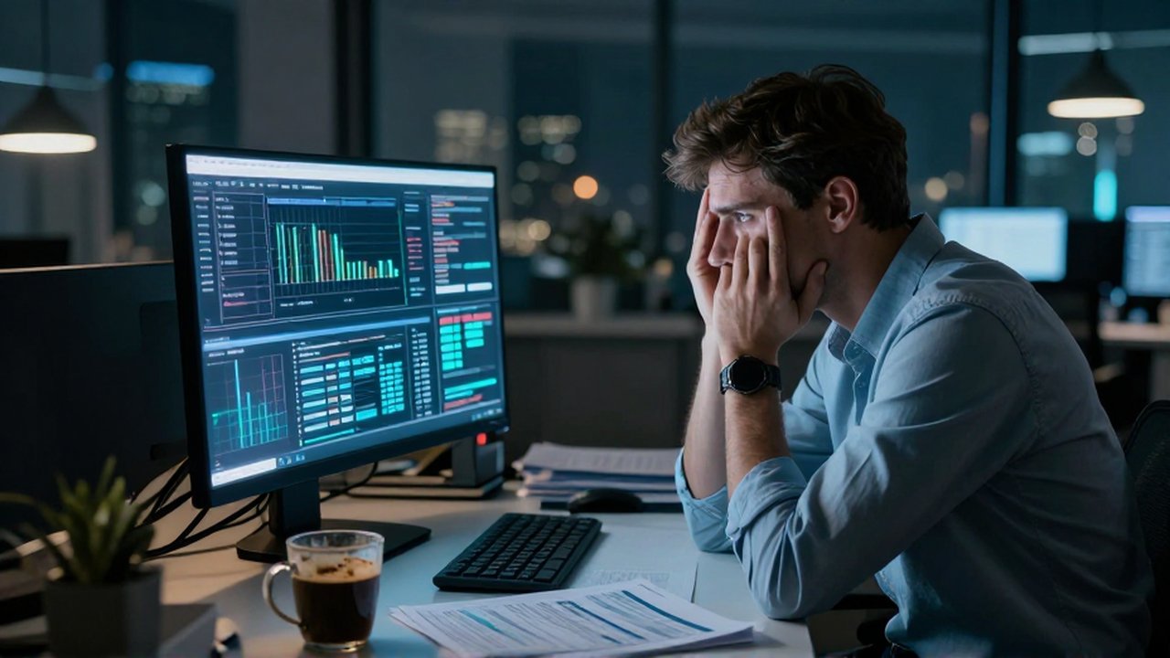 Analista de negocios frustrado frente a un monitor con datos complejos en una oficina nocturna.