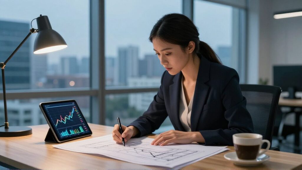 Analista de datos examinando planos arquitectónicos y gráficos en una tableta frente a un ventanal.