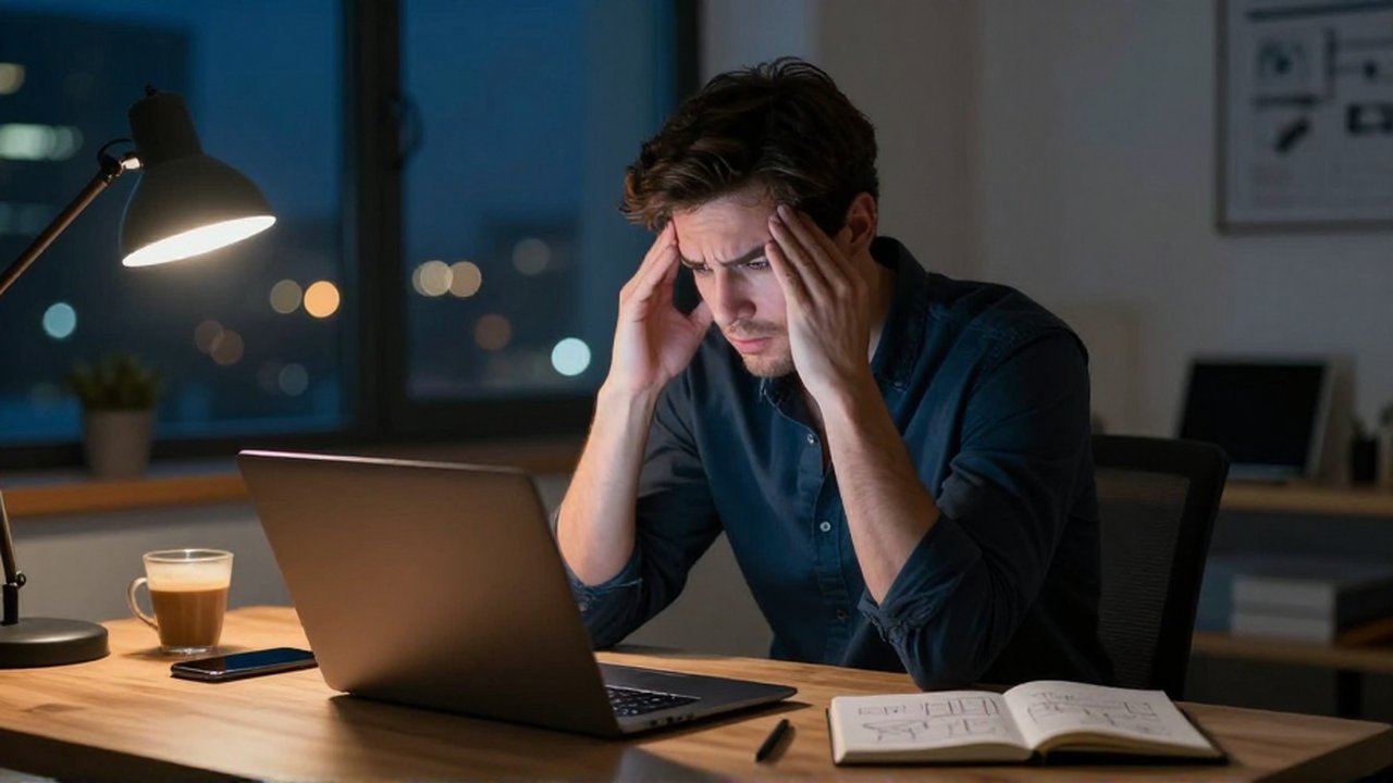 Emprendedor agotado frente a una laptop encendida en una oficina nocturna con luces de ciudad al fondo.