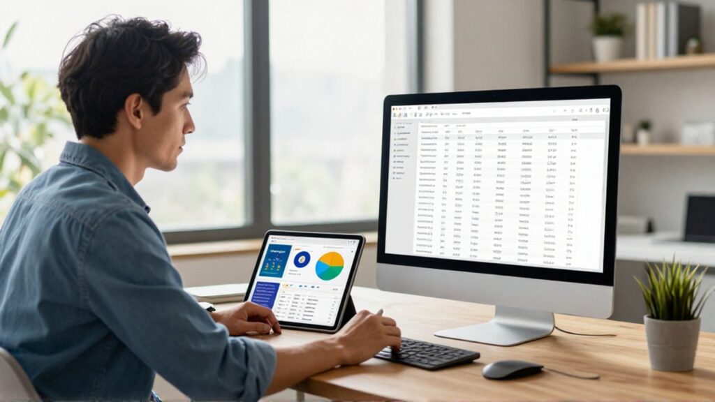 Profesional de marketing analiza datos demográficos en un monitor y una tableta dentro de una oficina luminosa.