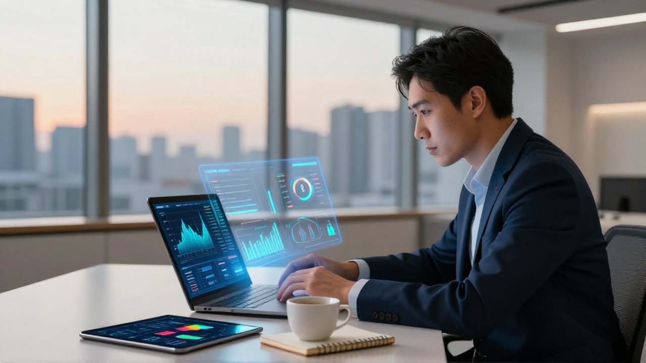 Estratega de marketing analizando gráficos digitales brillantes frente a un ordenador en una oficina moderna.