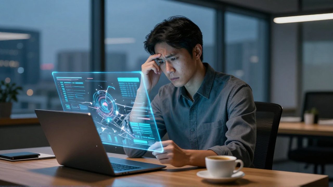 Profesional frustrado observa un gráfico holográfico con errores digitales en una oficina moderna al atardecer.