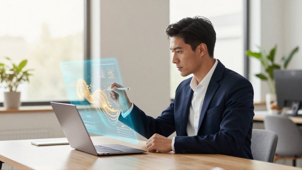 Estratega de marketing analiza gráficos y mapas de calor holográficos en una oficina moderna y luminosa.