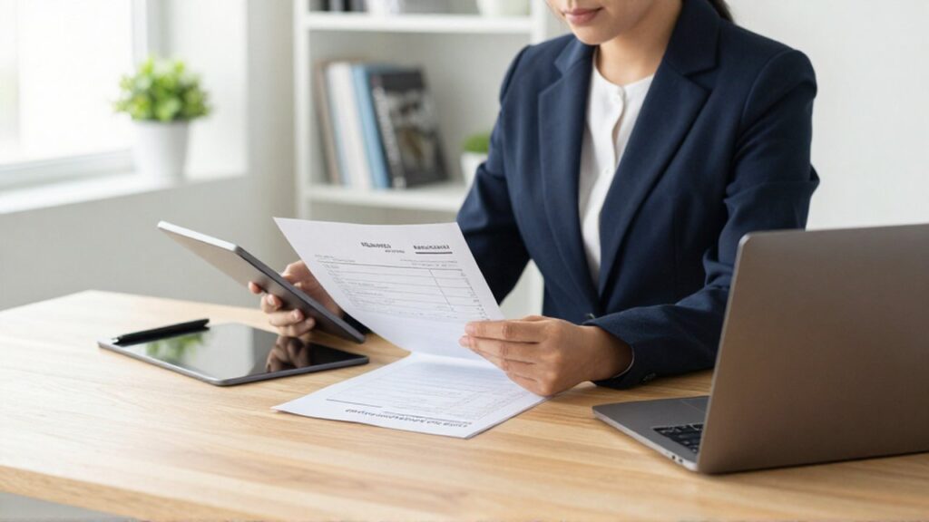 Contador revisa una factura impresa y utiliza una tableta en un escritorio de madera luminoso.
