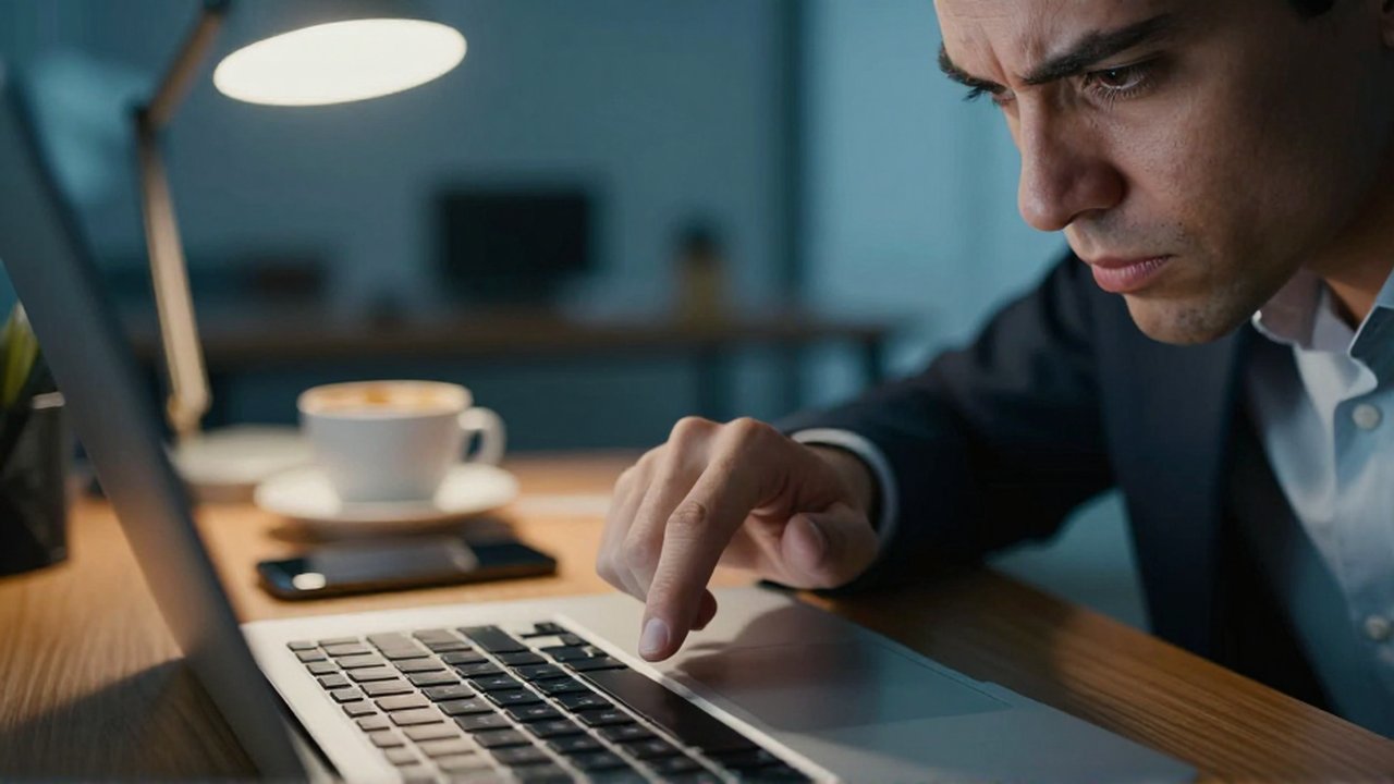 Mano de un profesional dudando sobre el teclado de un portátil durante una inspección nocturna.