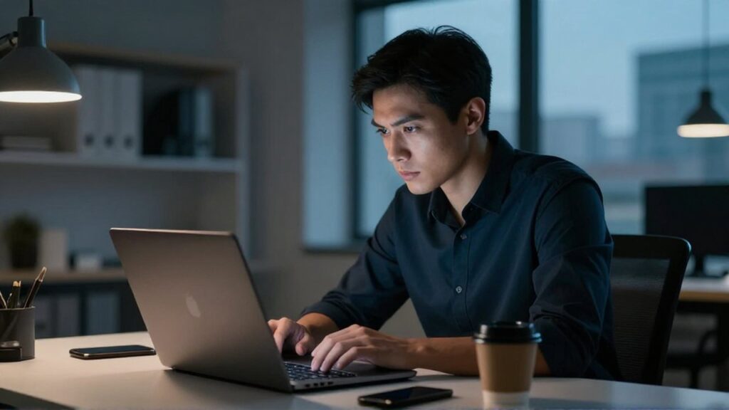 Un profesional de ciberseguridad analiza con atención una pantalla de laptop en una oficina nocturna.