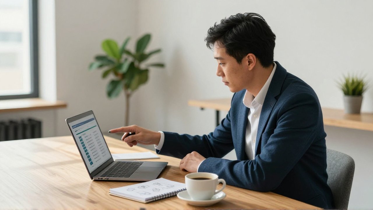 Emprendedor planifica un flujo de ventas automatizado en su portátil dentro de una oficina moderna.