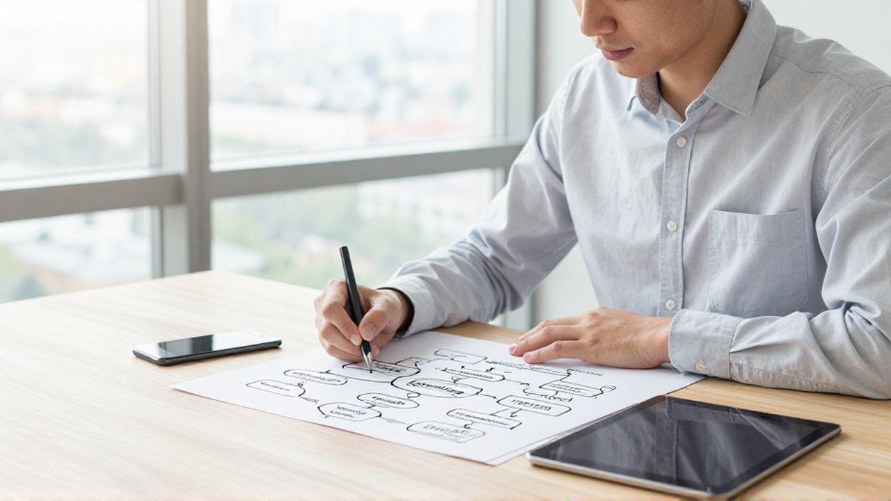 Estratega dibujando un diagrama de flujo en un cuaderno junto a dispositivos digitales en una oficina luminosa.