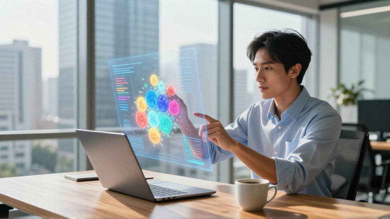 Analista de datos interactuando con una proyección holográfica de clusters de información en una oficina moderna.