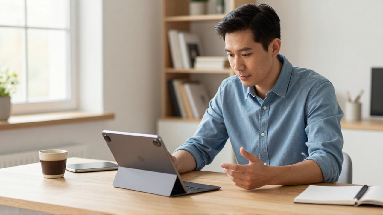 Emprendedor comparando dos tabletas en un escritorio de madera dentro de una oficina moderna y luminosa.