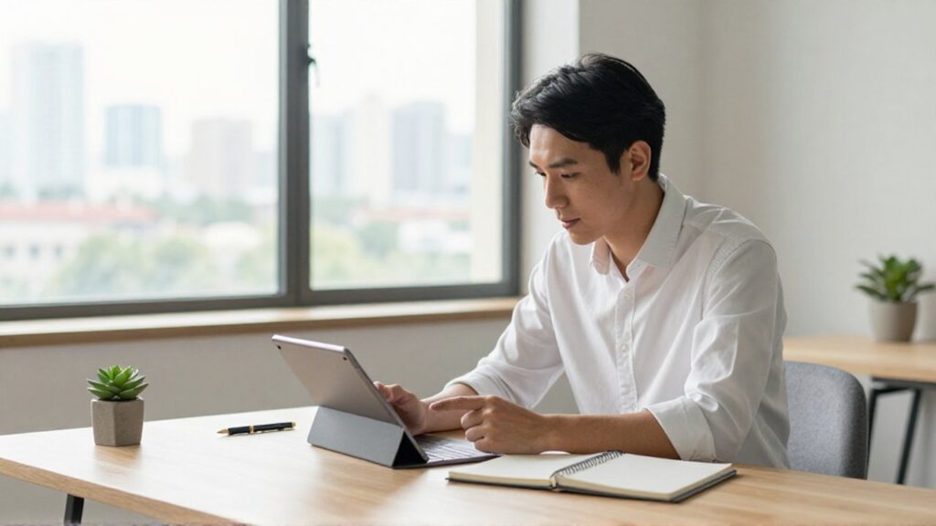 Emprendedor analizando datos en una tableta y cuaderno dentro de una oficina luminosa y moderna.