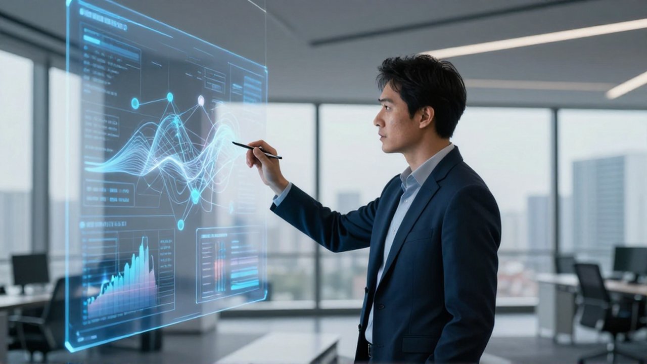 Analista examinando gráficos holográficos de datos sobre un panel transparente en una oficina moderna.