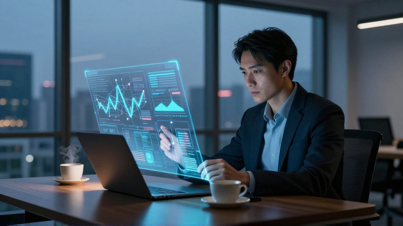 Analista de negocios estudia gráficos holográficos de datos en una oficina moderna al atardecer.