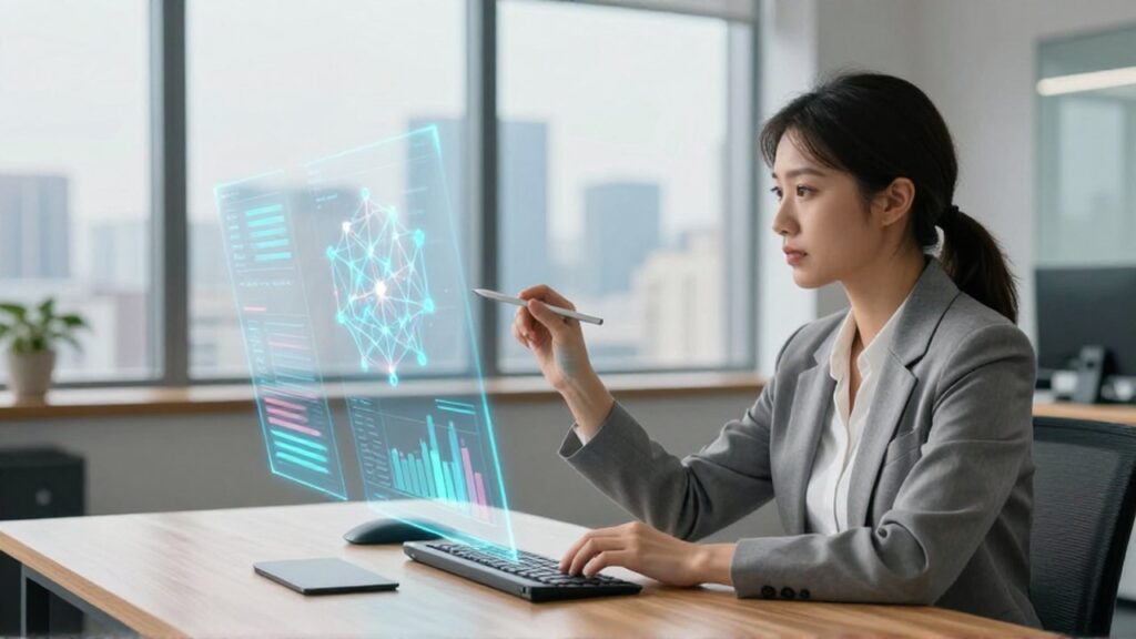 Analista de datos interactuando con gráficos y modelos algorítmicos holográficos en una oficina moderna.