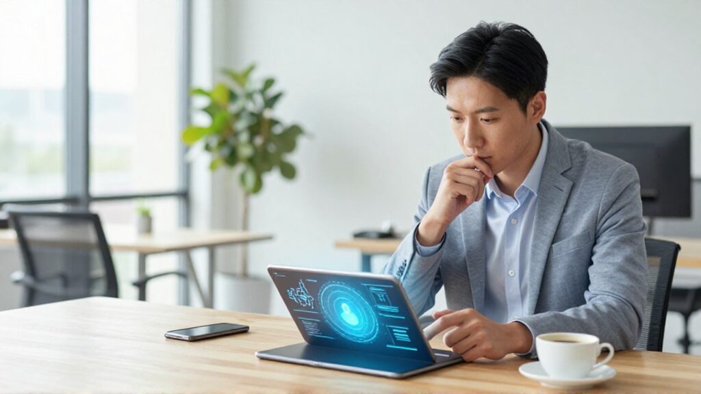 Empresario comparando datos holográficos en dos tabletas sobre un escritorio en una oficina moderna.