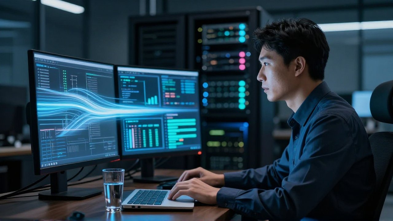 Especialista de TI concentrado ante un monitor con visualizaciones de datos veloces en una oficina tecnológica.
