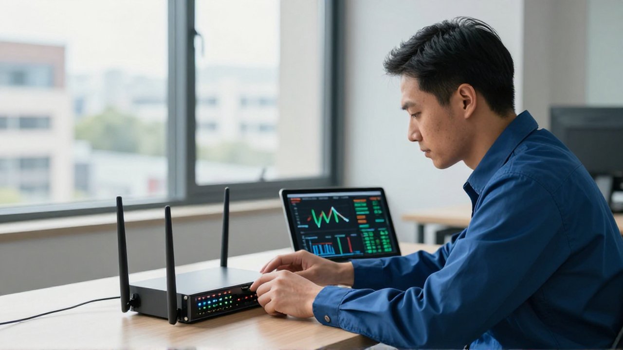 Técnico de informática revisa un router de alto rendimiento junto a una tableta con gráficas de datos.