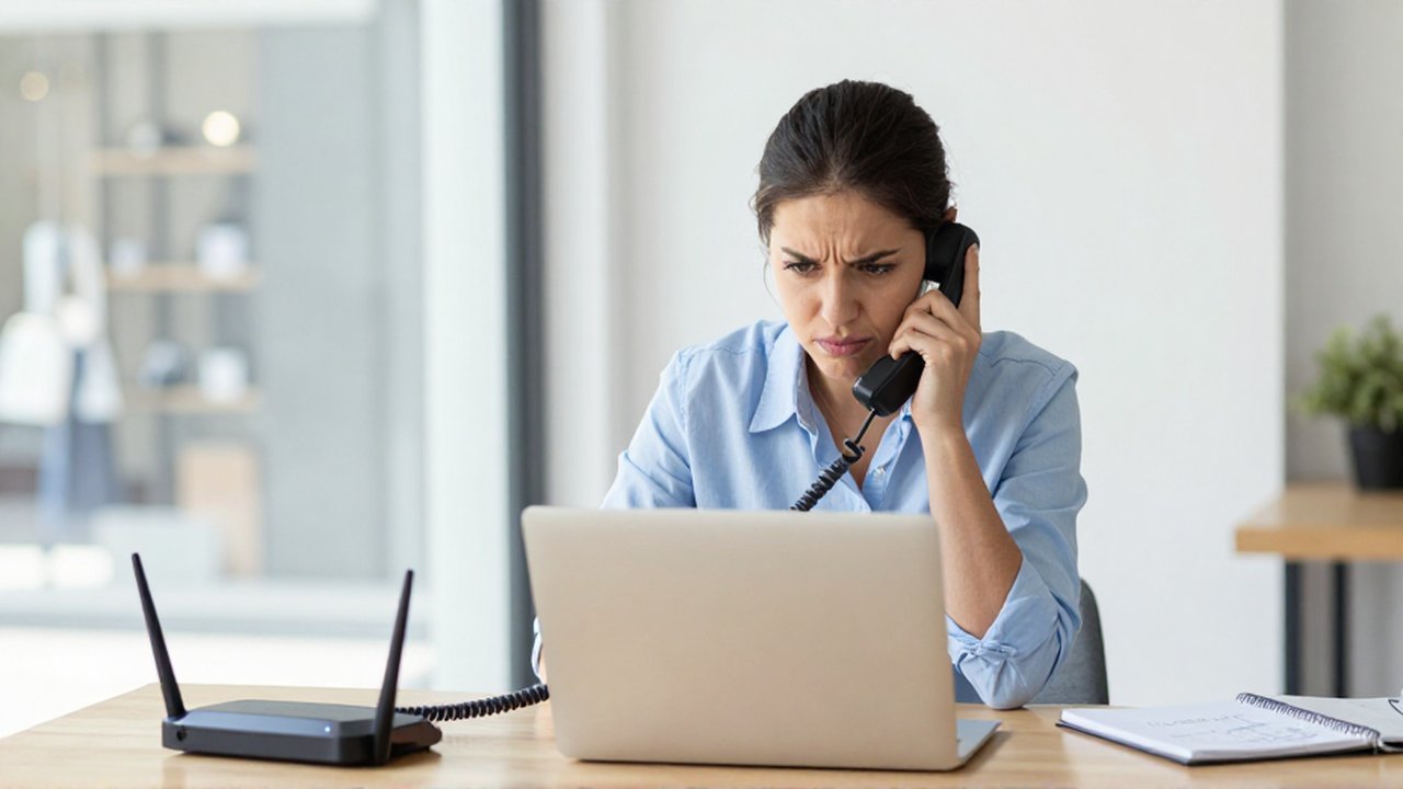 Dueño de un pequeño negocio estresado frente a su ordenador y un router con problemas de conexión.