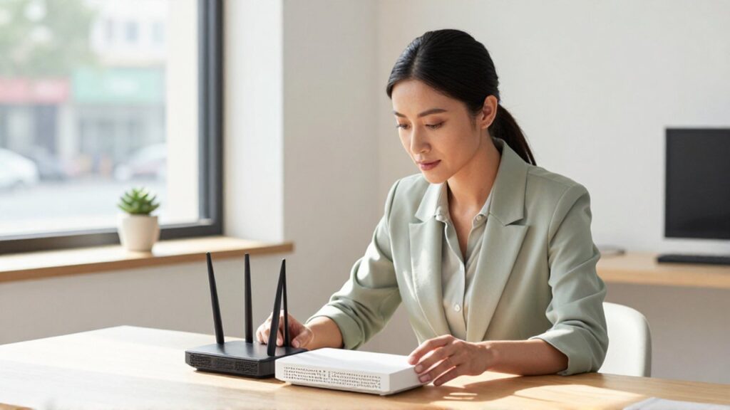 Mujer profesional analiza dos modelos de router sobre un escritorio en una oficina luminosa.