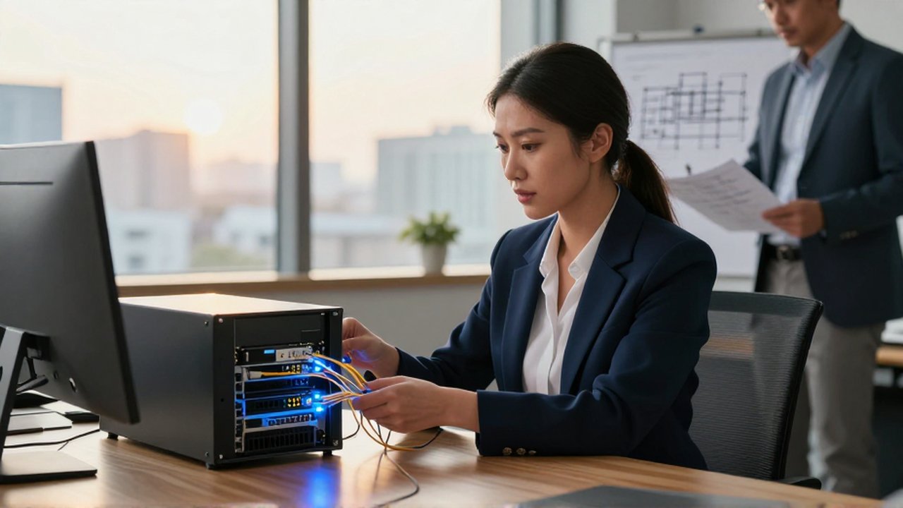 Arquitecta de datos conectando cables de fibra óptica en un servidor dentro de una oficina moderna.