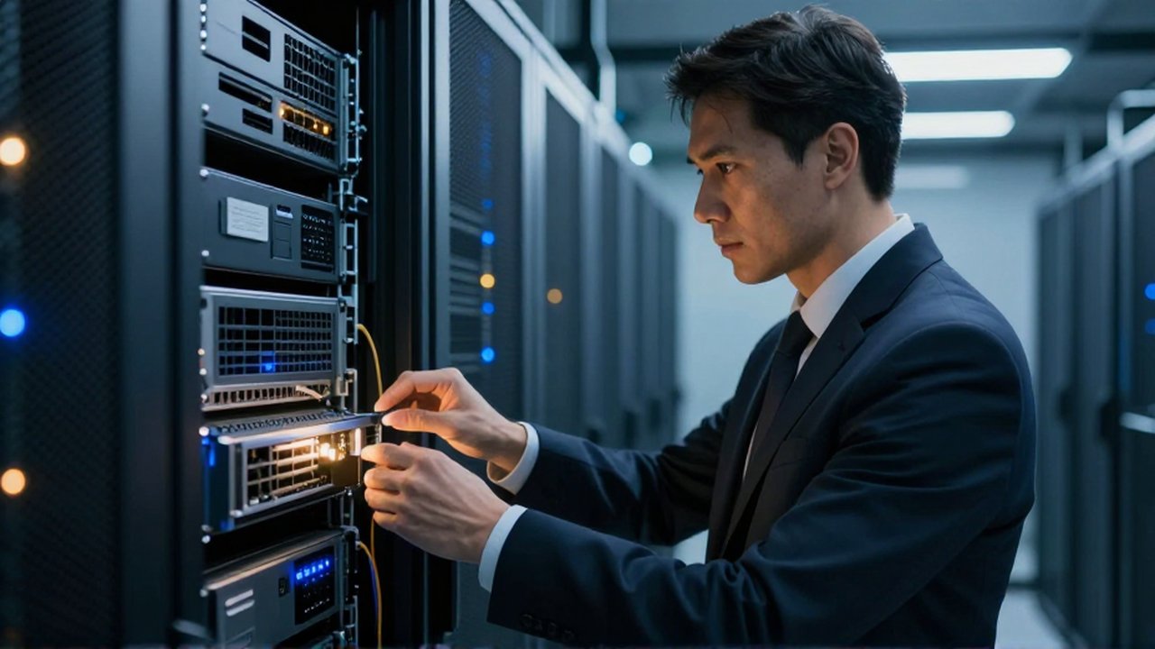 Experto en ciberseguridad inspeccionando meticulosamente un componente de hardware en un centro de datos moderno.