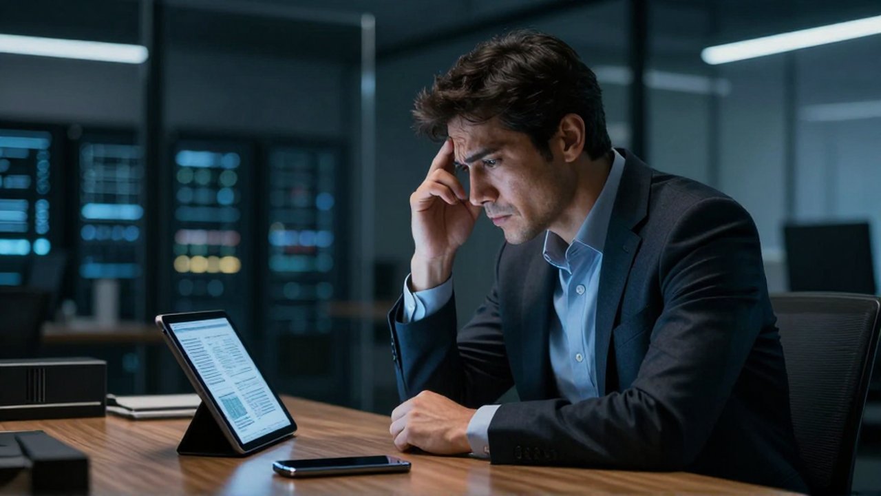 Profesional frustrado en una oficina moderna que se frota las sienes frente a una tableta con datos desactualizados.