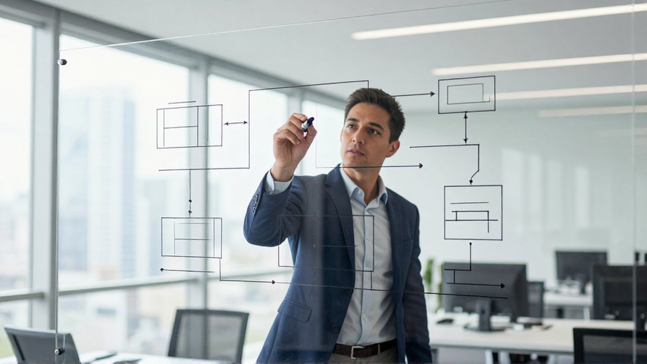 Estratega de negocios marcando hitos y diagramas de flujo en una pizarra de cristal en una oficina moderna.