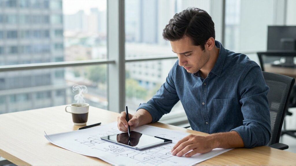 Analista de datos revisa un esquema arquitectónico digital sobre una tableta en una oficina moderna.