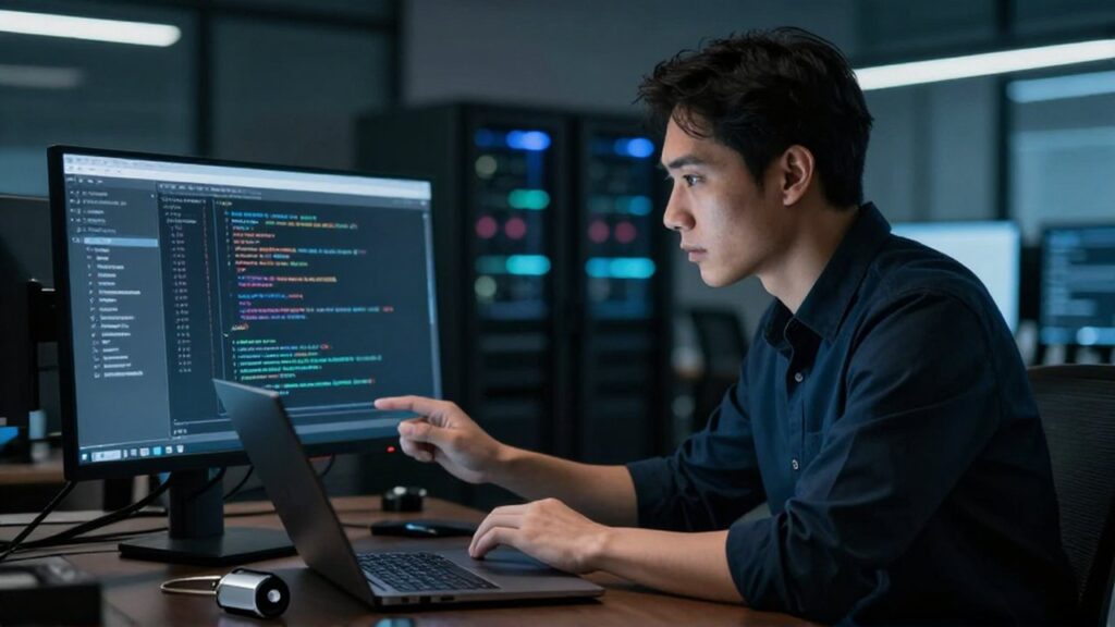 Especialista en seguridad informática analiza código en un monitor dentro de una oficina tecnológica moderna.
