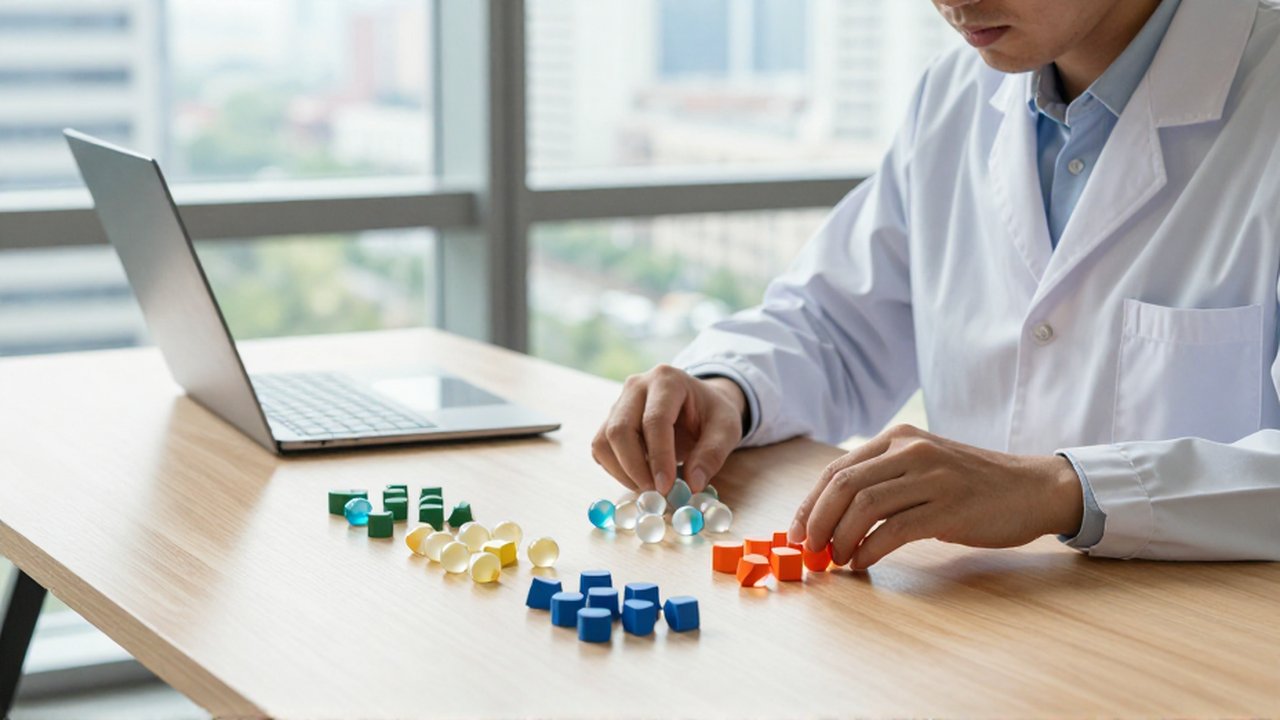 Un científico de datos organiza grupos de formas geométricas de colores sobre un escritorio de madera.