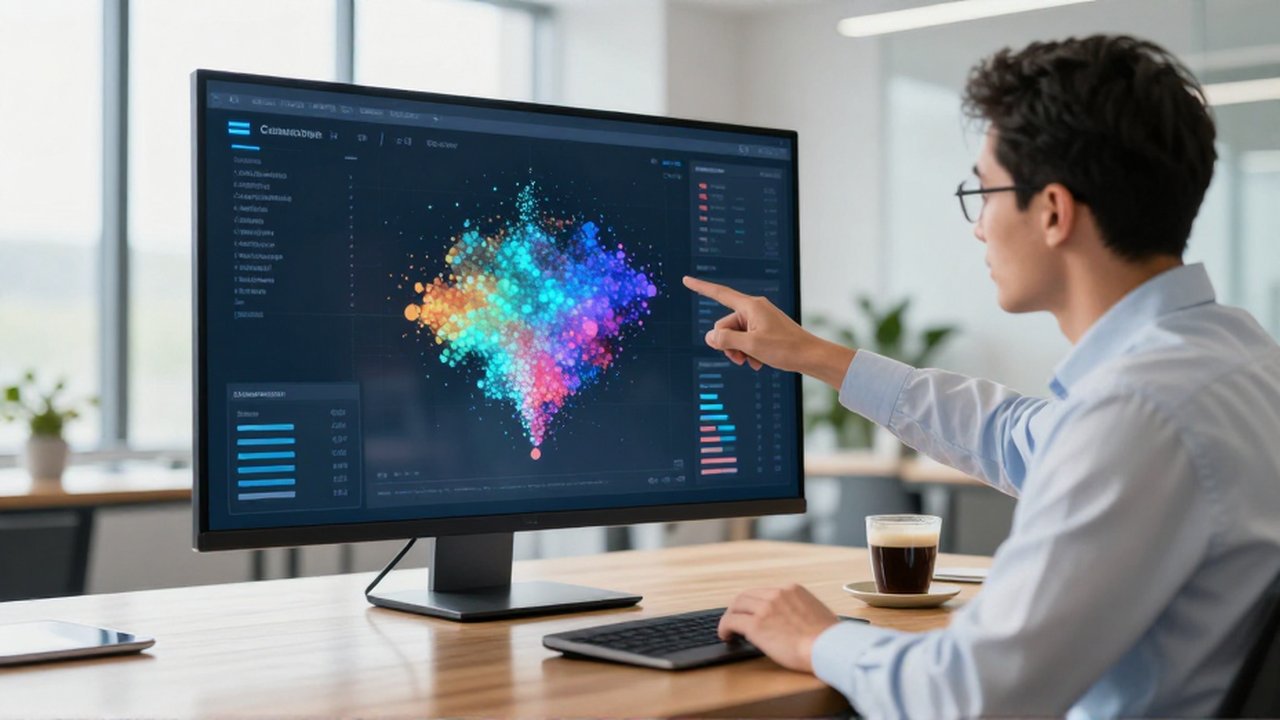 Analista de datos señala grupos de puntos de colores en una pantalla táctil con visualizaciones de segmentación de clientes.