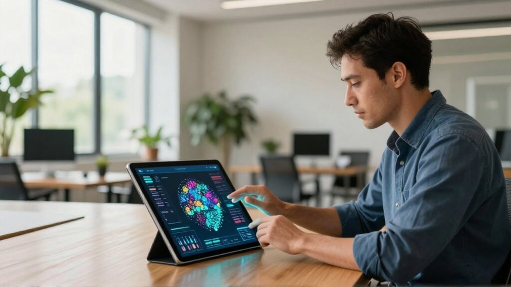 Analista de datos interactuando con una visualización 3D de nodos coloridos en una tableta de cristal.